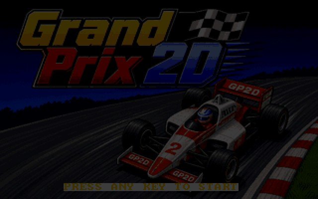 Grand Prix 2D title screen with a formula car on a racing track